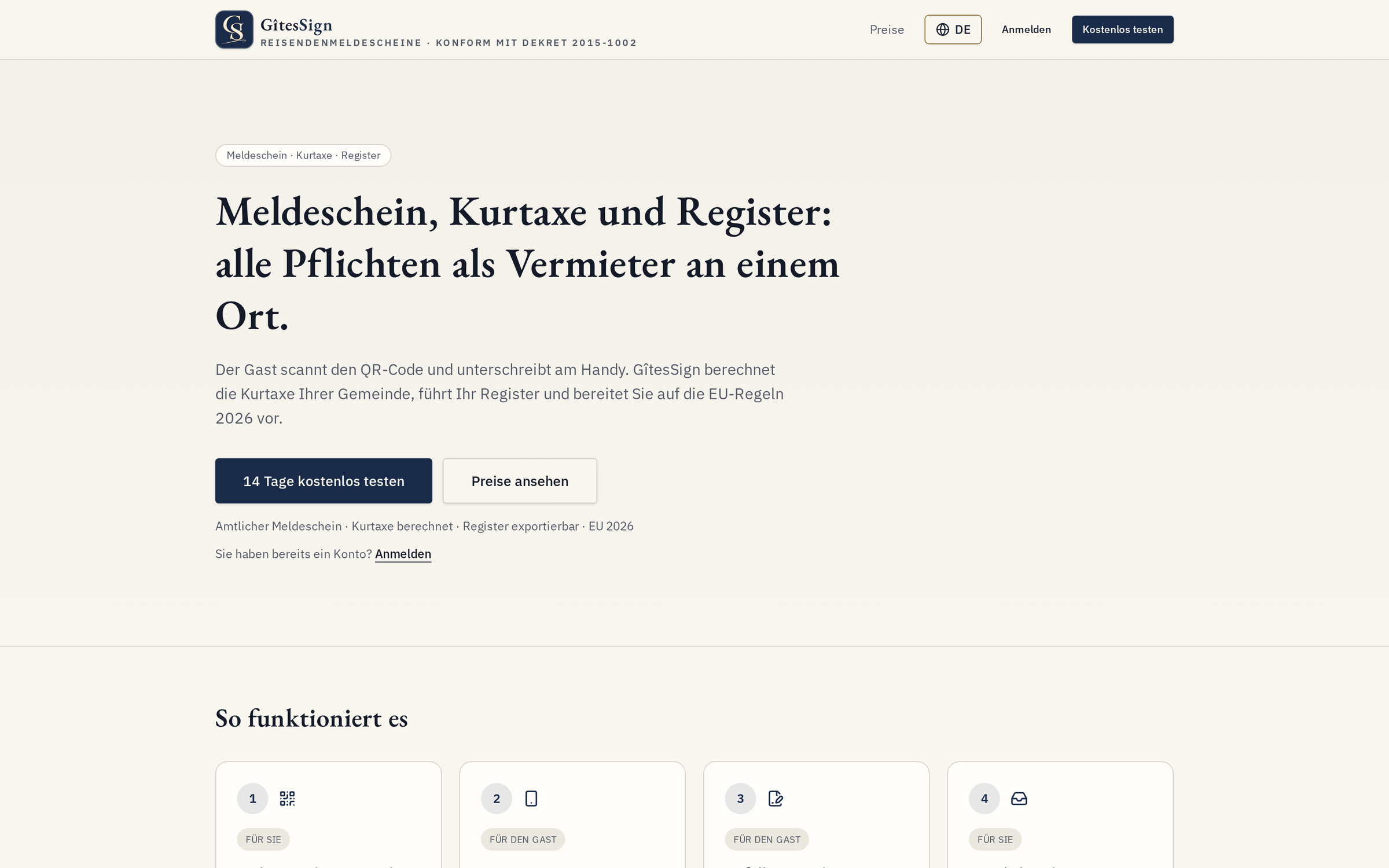 GîtesSign — Meldeschein, Kurtaxe und Register an einem Ort.