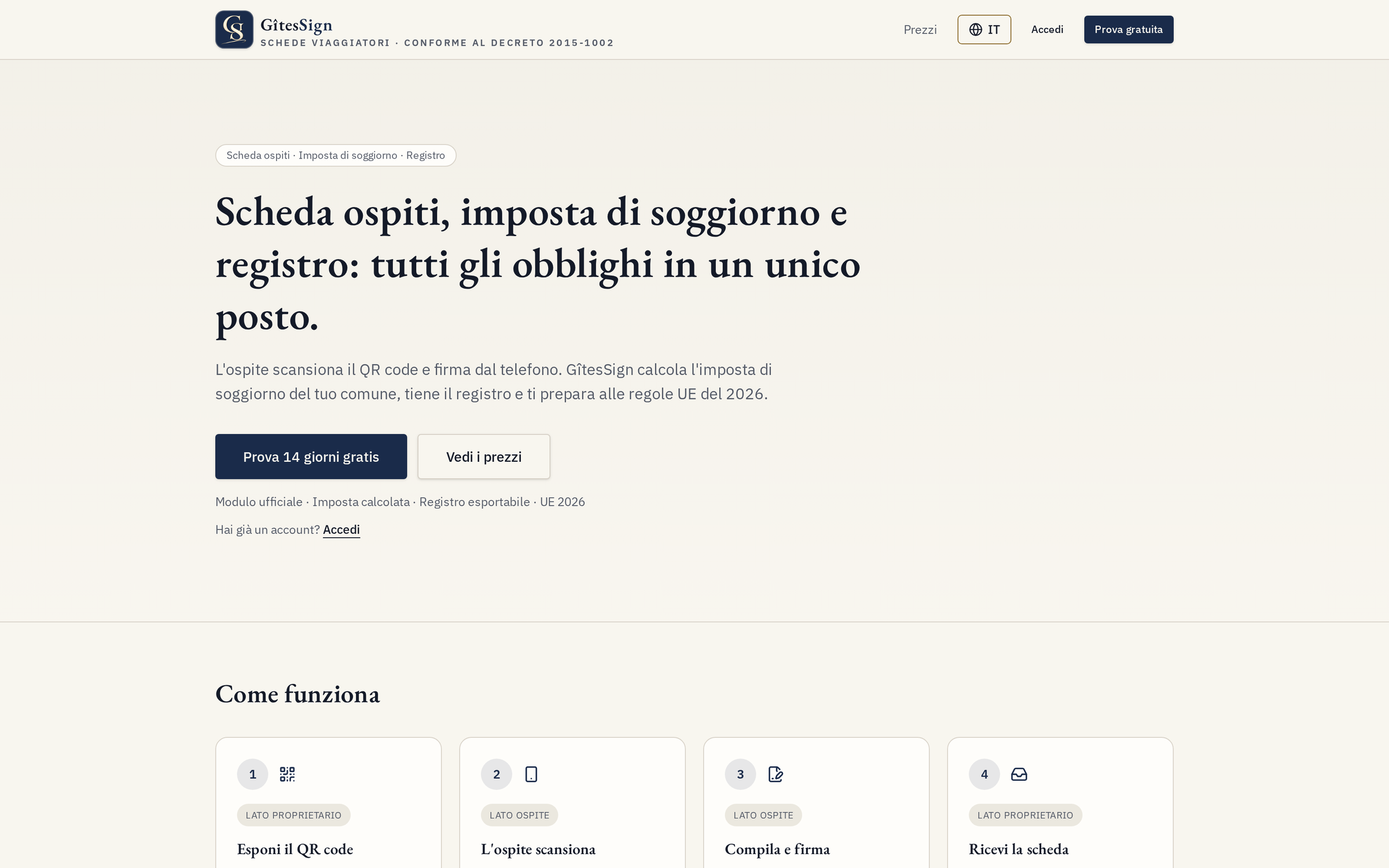 GîtesSign — Scheda ospite, imposta di soggiorno e registro, in un unico posto.