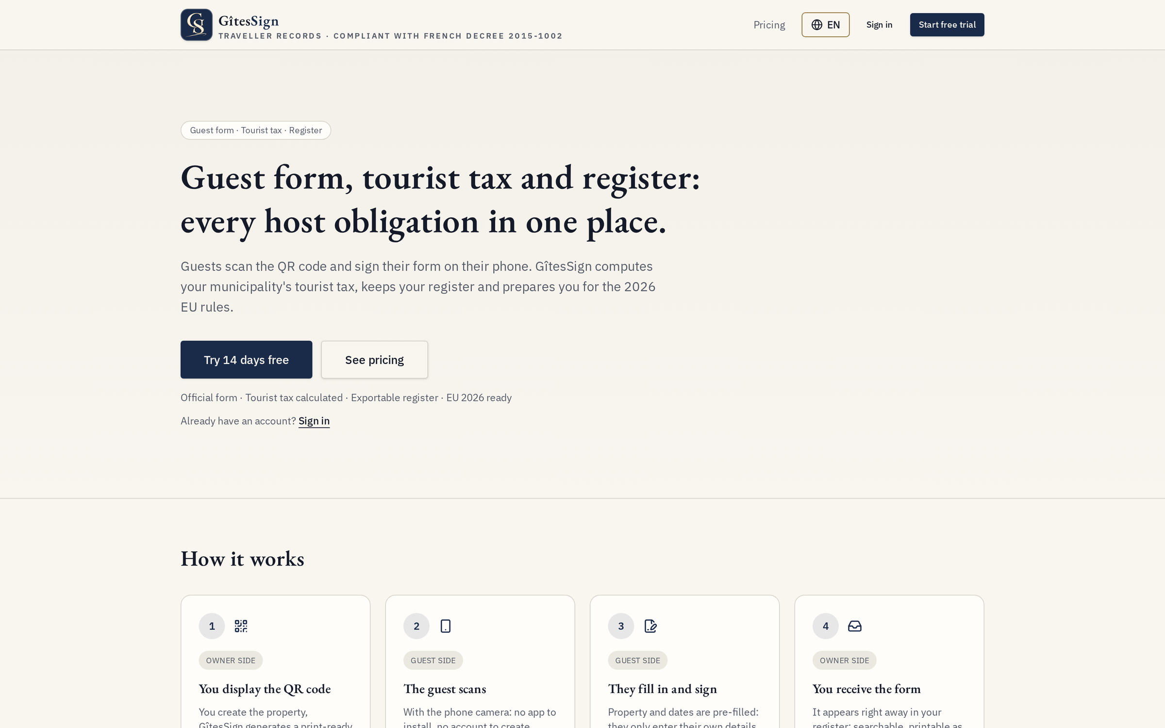 GîtesSign — Guest form, tourist tax and register, in one place.
