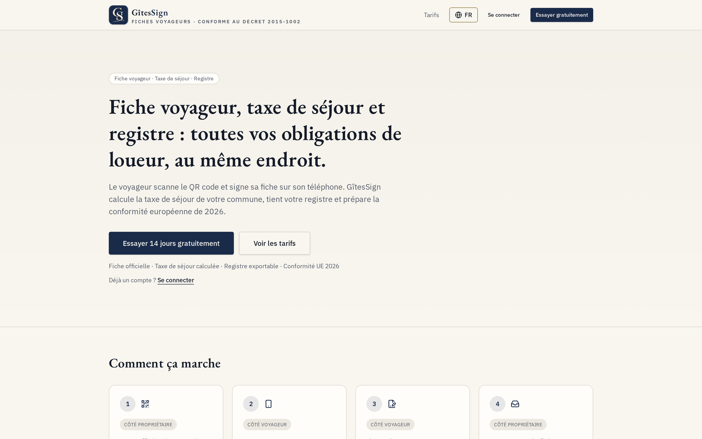 GîtesSign — Fiche de police, taxe de séjour et registre, au même endroit.