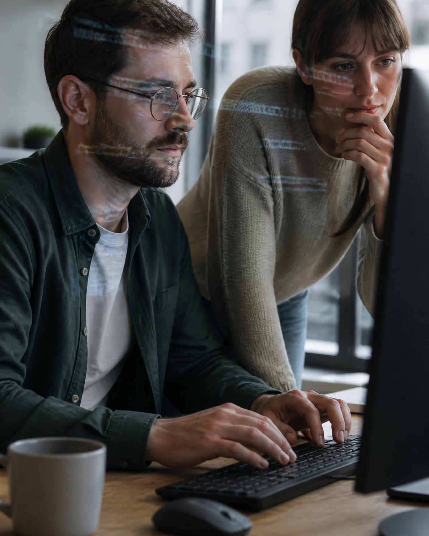 Deux personnes analysant ensemble un modèle sur un écran