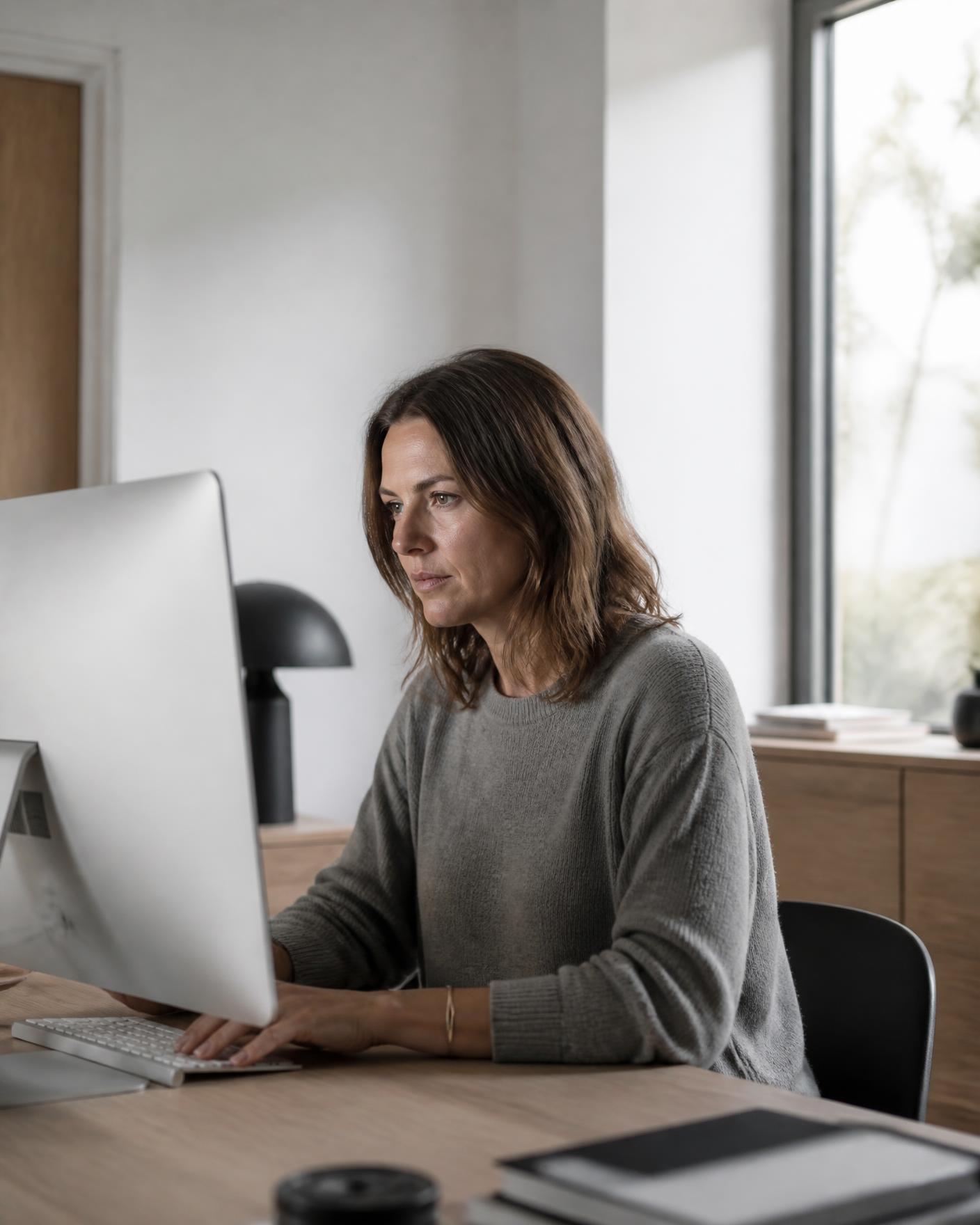 Professionnelle au travail devant son écran dans un bureau clair