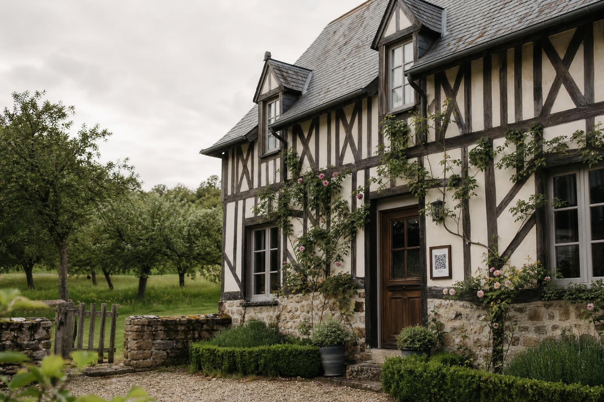 Façade à colombages d'un gîte normand avec une affichette QR à l'entrée