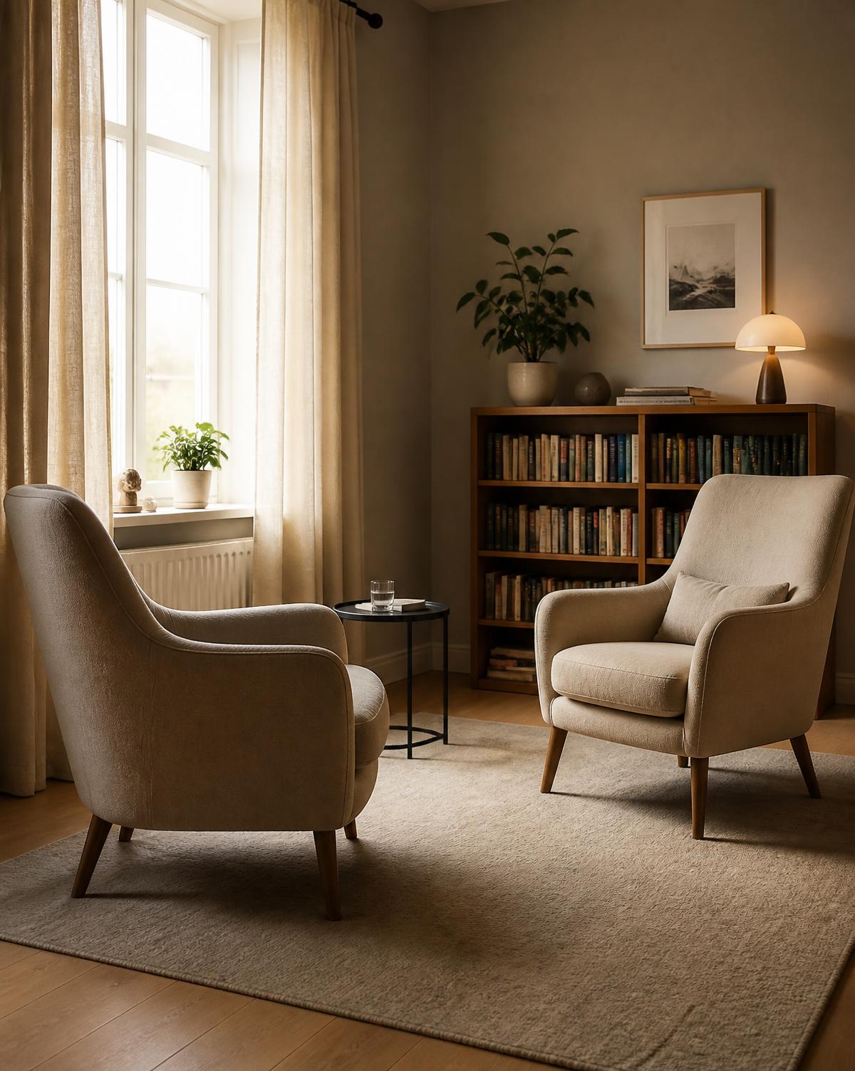 Cabinet de psychologue : deux fauteuils face à face, bibliothèque et lumière naturelle